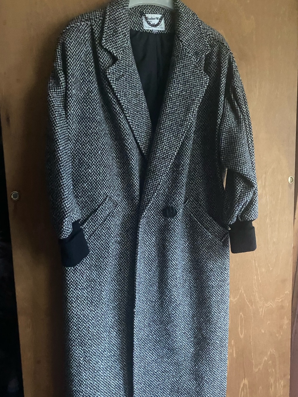 Classic Vintage Herringbone Long Coat - Black & White - Size 15/16